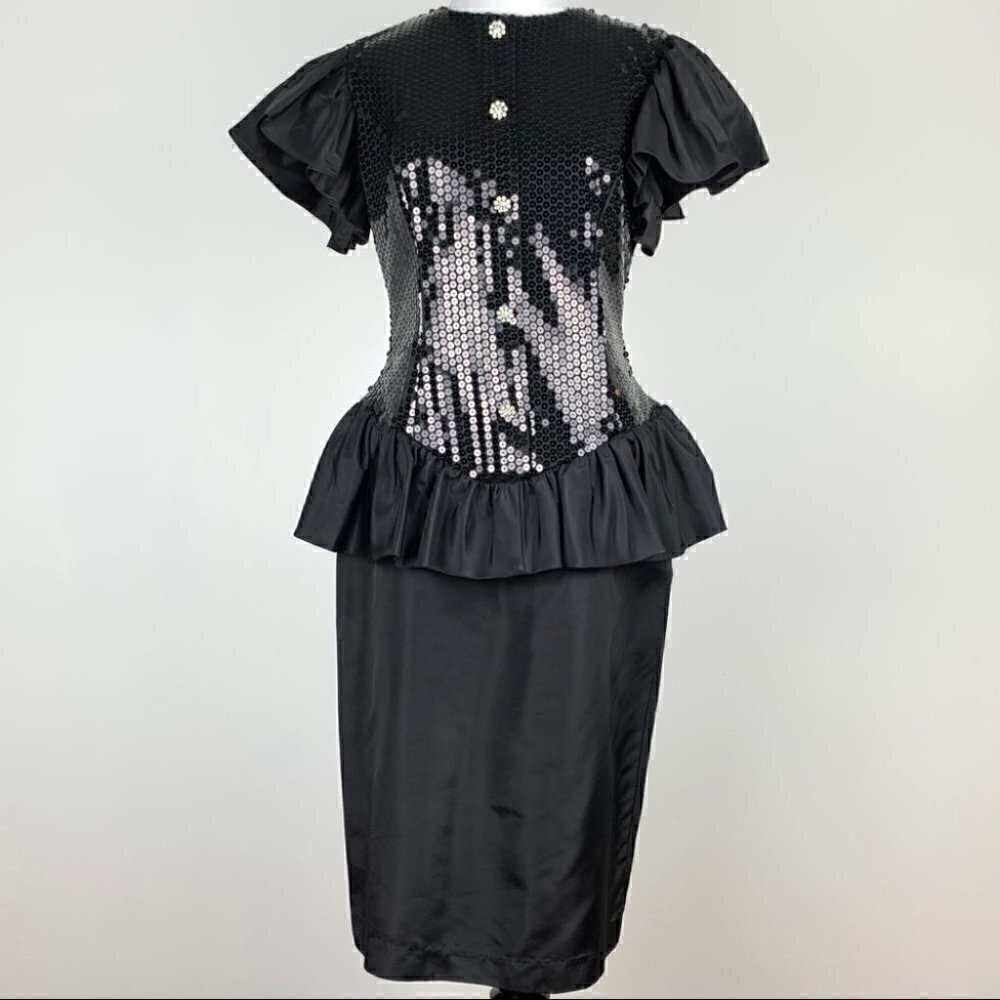 Vintage Oliver dress 12 black sequins peplum 80s